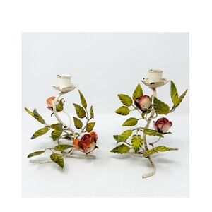 Pair of Vintage Italian Toleware Candle Holders Hand Painted Roses Leaves Metal
